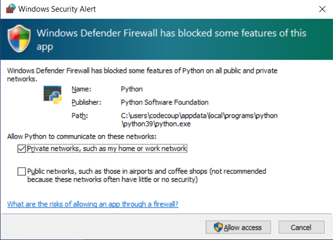 Windows firewall permission