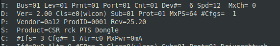 usb-devices PTS Bluetooth dongle output