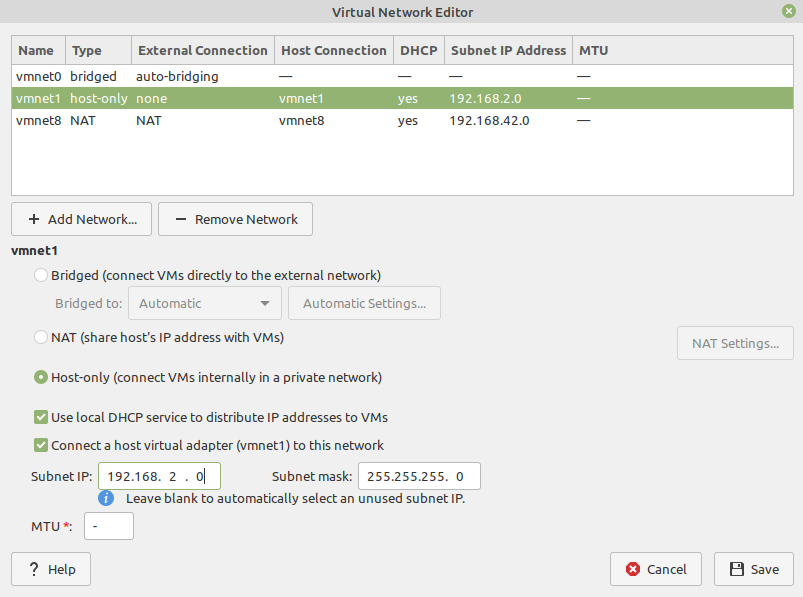 VMWare Virtual Network Editor static IP network