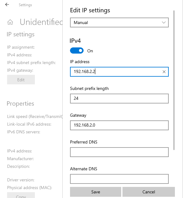Windows static IP settings